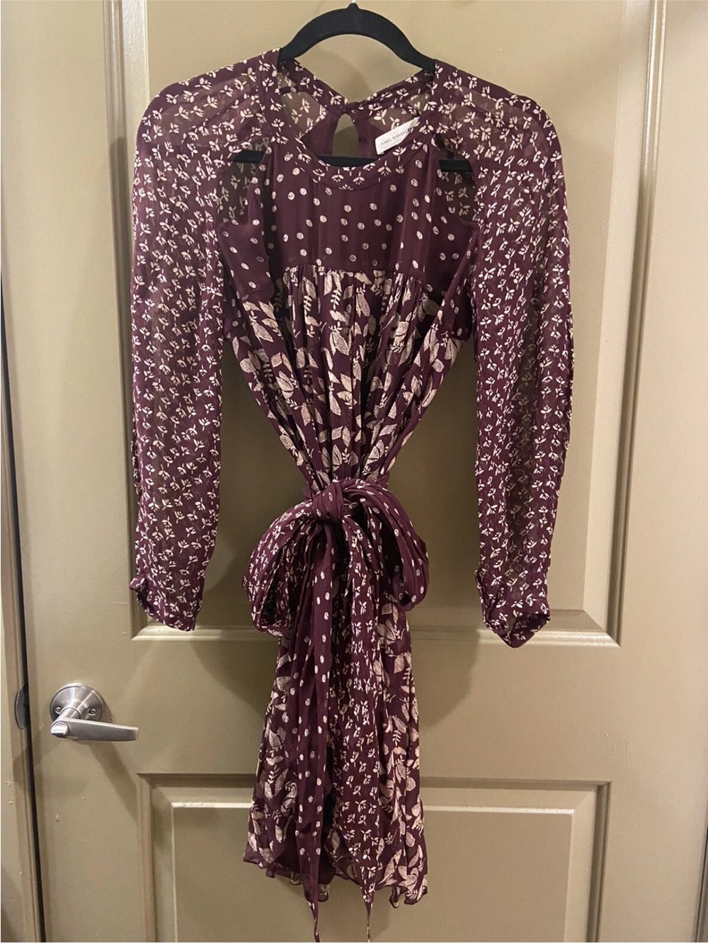 Long-Sleeve Plum Print Tie-Waist Midi Dress